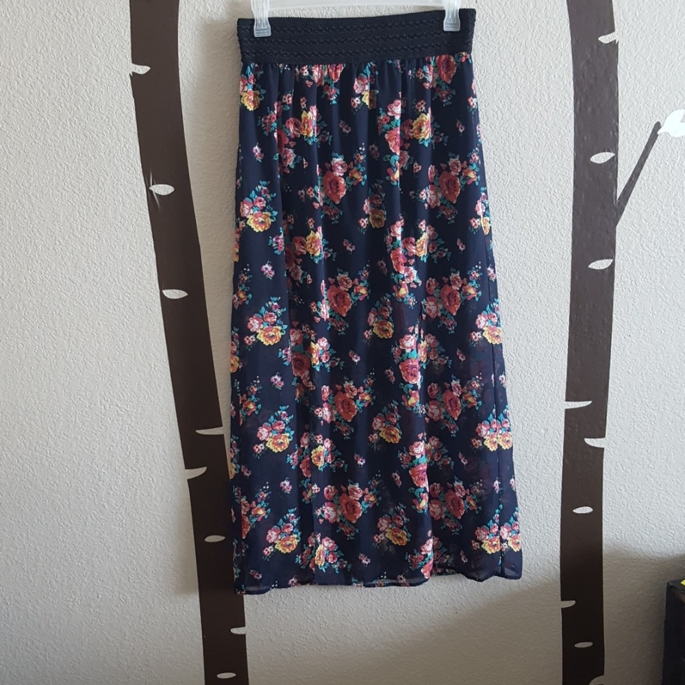No Boundaries Navy Floral Maxi Skirt with Slits